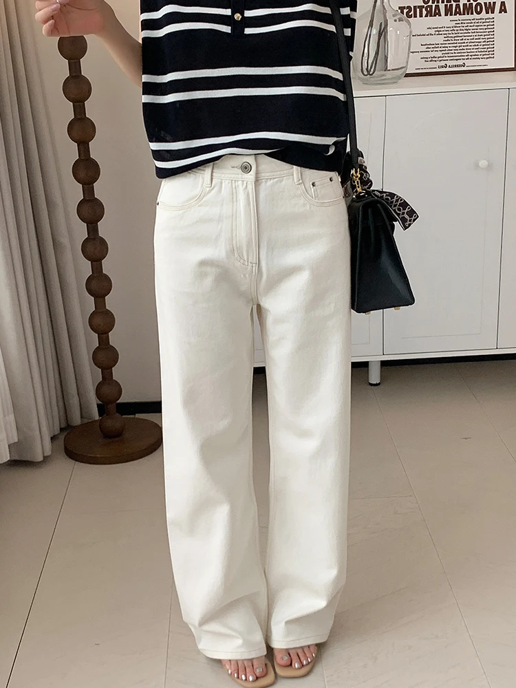

Cotton Casual Pants Women's Summer New Sle Lightweight Wide Leg Straight Cut Jeans Versatile High Waist Zipper Closure
