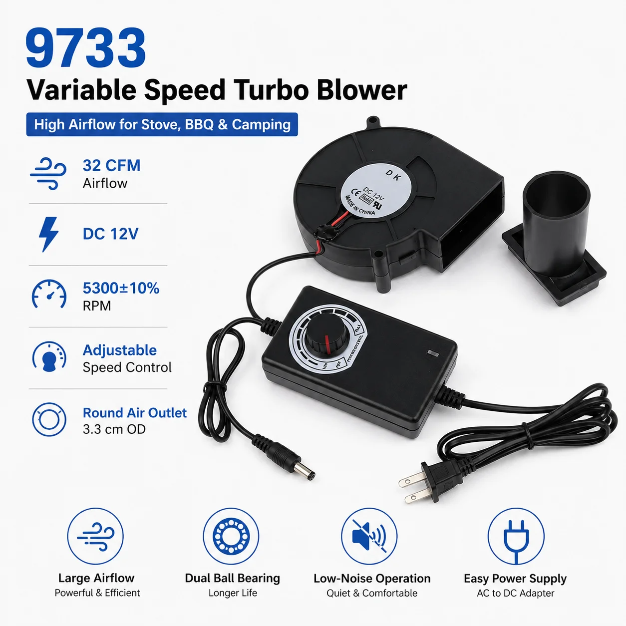9733 Variable Speed Turbo Blower DC 12V High Airflow Fan for Wood Stove Waste Oil Burner BBQ Camping Air Supply
