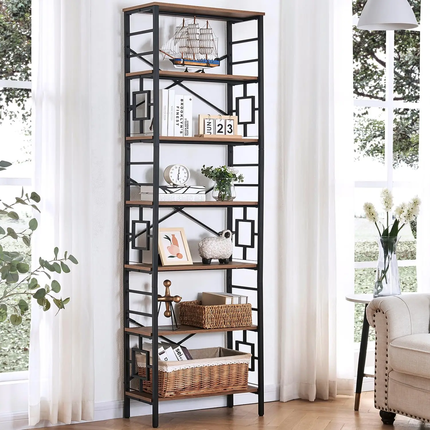 Tall Bookshelf, 84 Inch Industrial Bookshelf with Metal Frame and Open Shelves, 7 Tier Metal Bookshelves and Bookcases