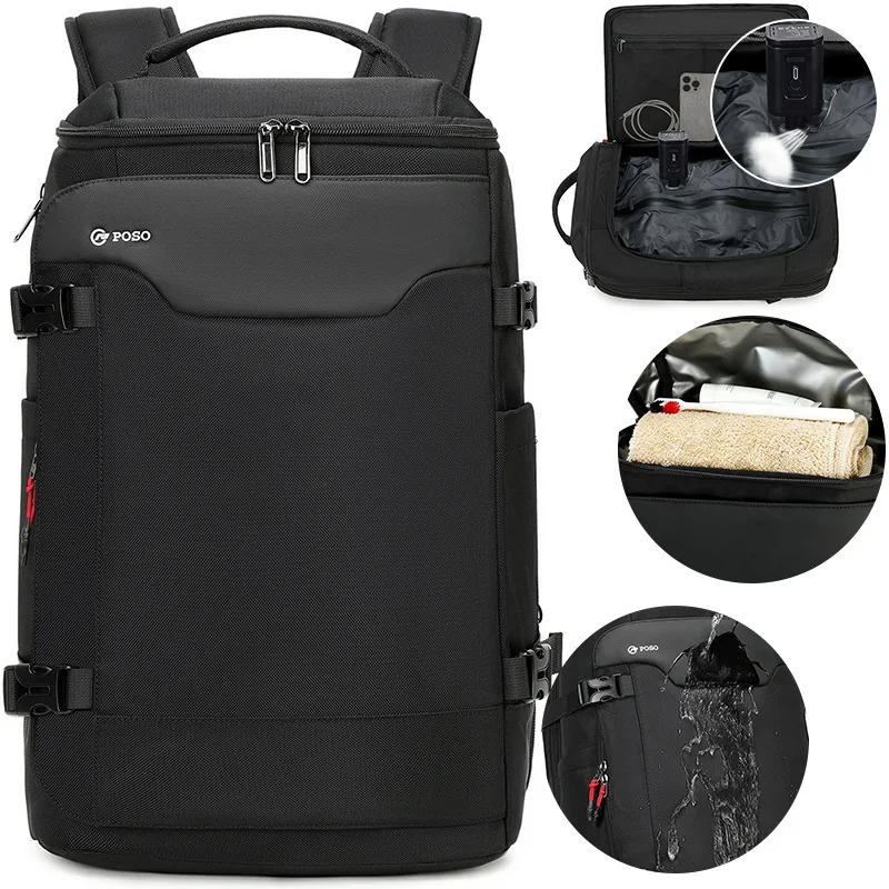 POSO Men Expandable Backpack For 17.3 inch Laptop Shockproof 35 L Vacuum Compression Travel Storage Large Waterproof 180 ° Open