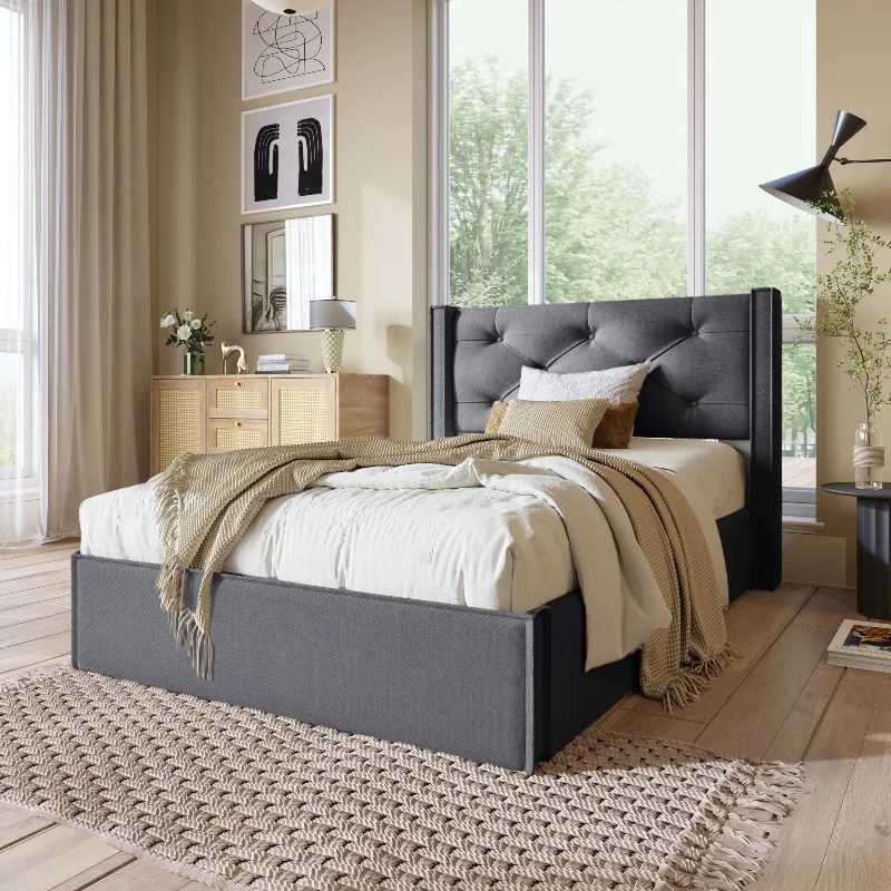 Lit simple rembourré hydraulique 90 x 200 cm, sommier à lattes stable en métal robuste, revêtement en tissu coton gris, style moderne épuré, grand espace de rangement intégré, parfait pour chambre à coucher