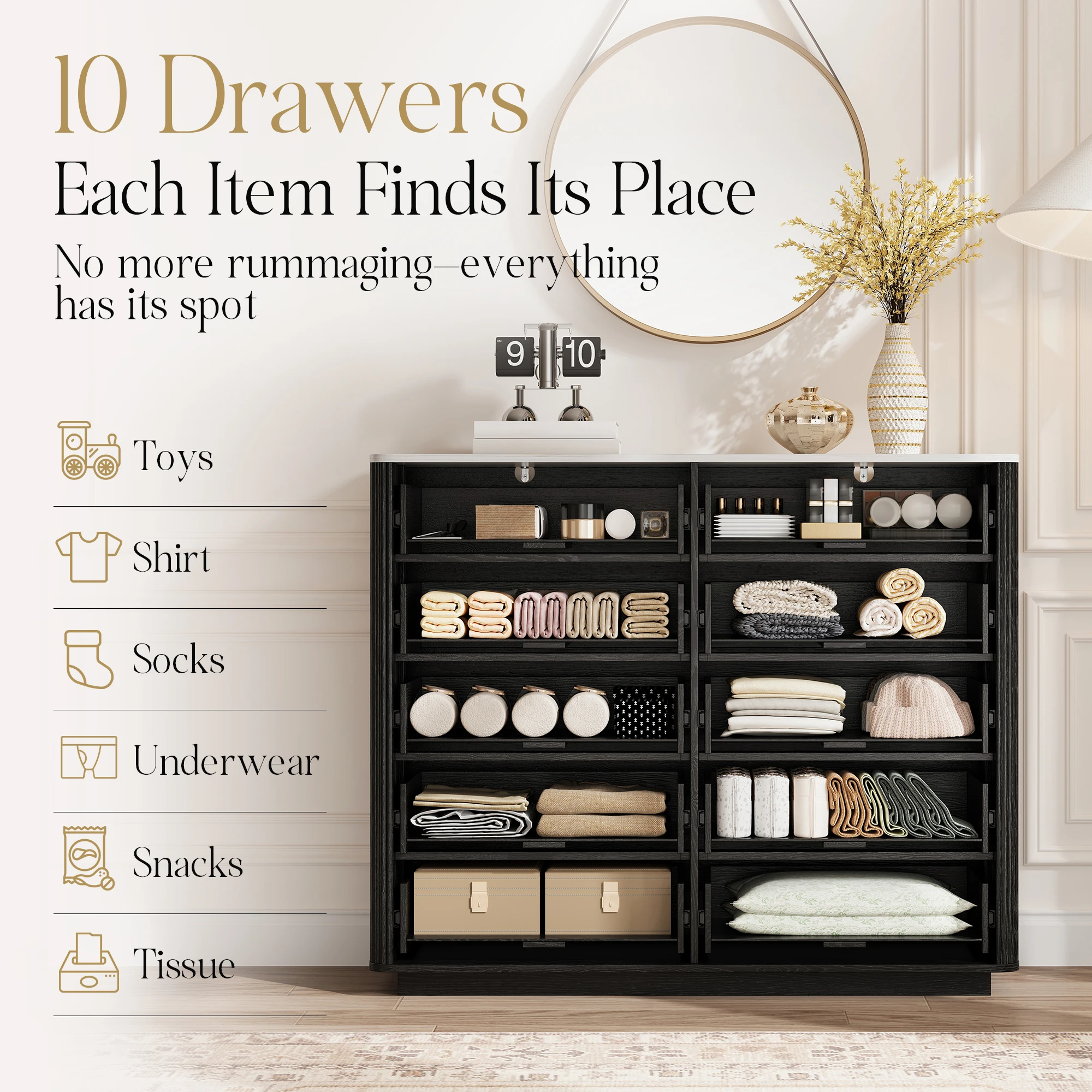 خزانة مخددة 39.3 بوصة مع خزانة طويلة للتخزين لغرفة النوم 10 أدراج خزانة مزرعة منتصف القرن لغرفة المعيشة وغرفة النوم