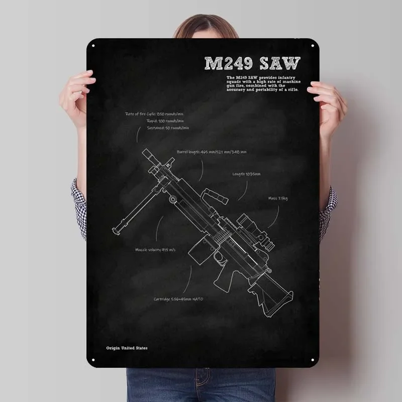 M249 пила-пулемет, схема, металлический плакат, украшение, Настенный декор, гостиная, домашний знак, декоративные металлические пластины, ретро художественная роспись