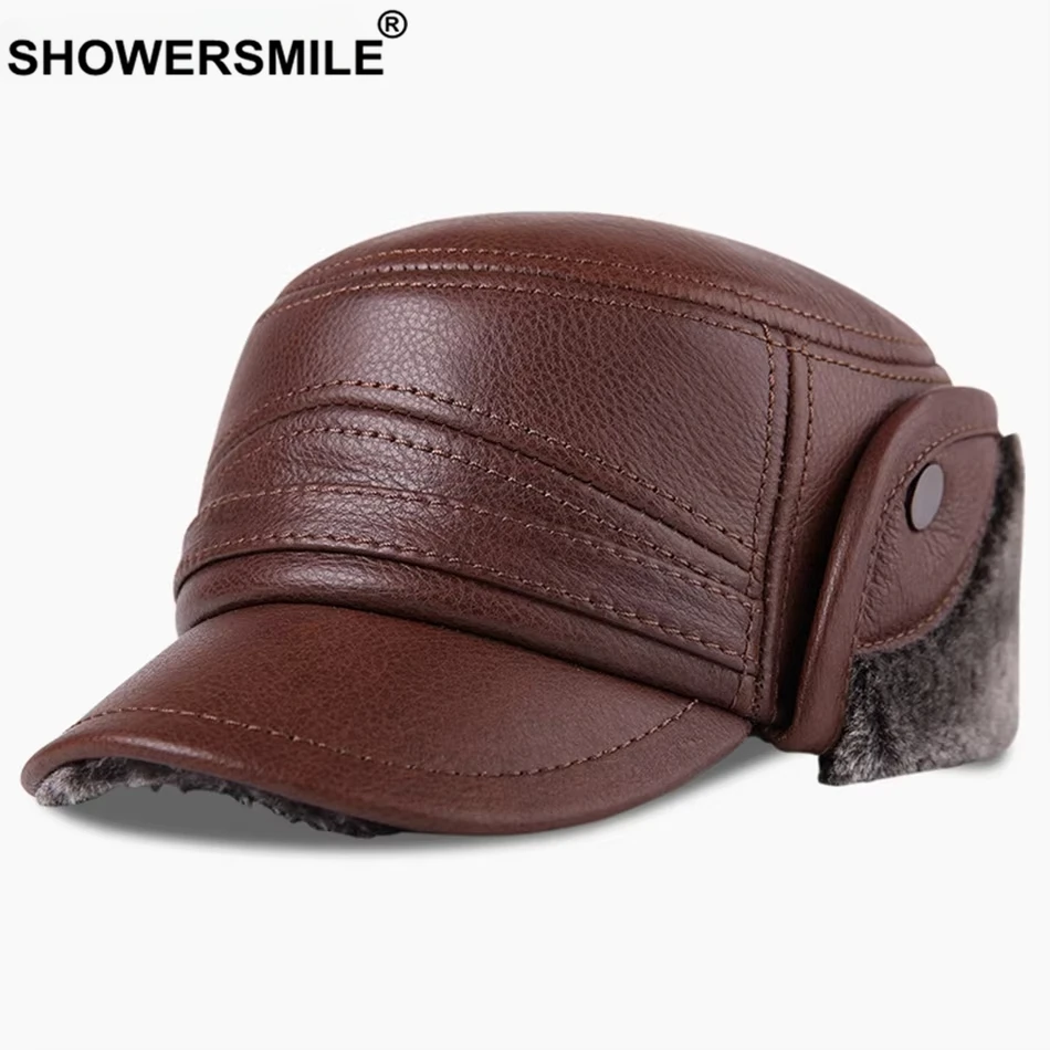 

SHOWERSMILE Winter Bomber Hat Genuine Leather Brown Cap with Ear Men Black Warm Dad Cap Fleece Lining Thick Real Leather Hat