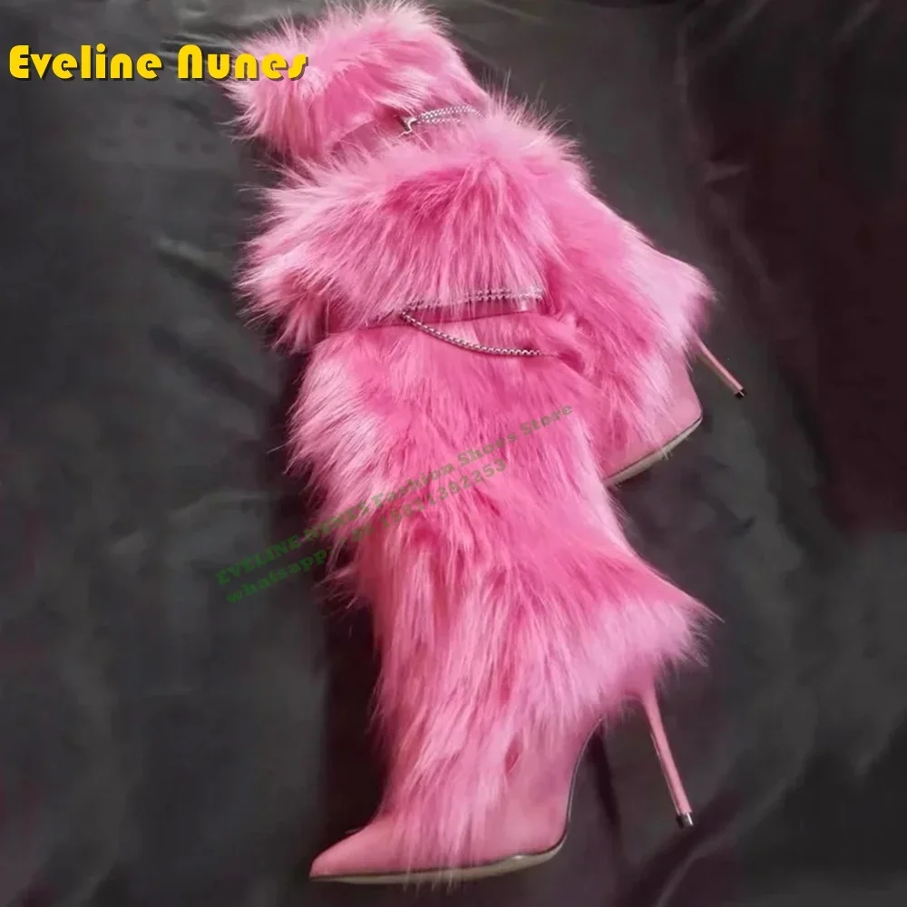 

Длинные ботильоны на плюшевом высоком каблуке с мехом 2024, зимние новые стильные ботильоны с металлической цепочкой, пушистые сапоги до колена, меховые зимние туфли, теплые, мягкие