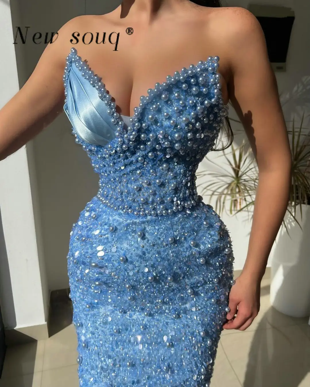 Light Sky Blue Sleevless Long Straight Evening Dresses Pearls Glitter Party Dress Simple Wedding Dinner Prom Gowns Customized