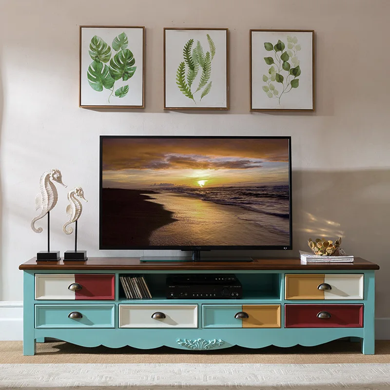 

Coffee table TV cabinet combination solid wood floor cabinet Mediterranean living room furniture blue audio-visual cabinet