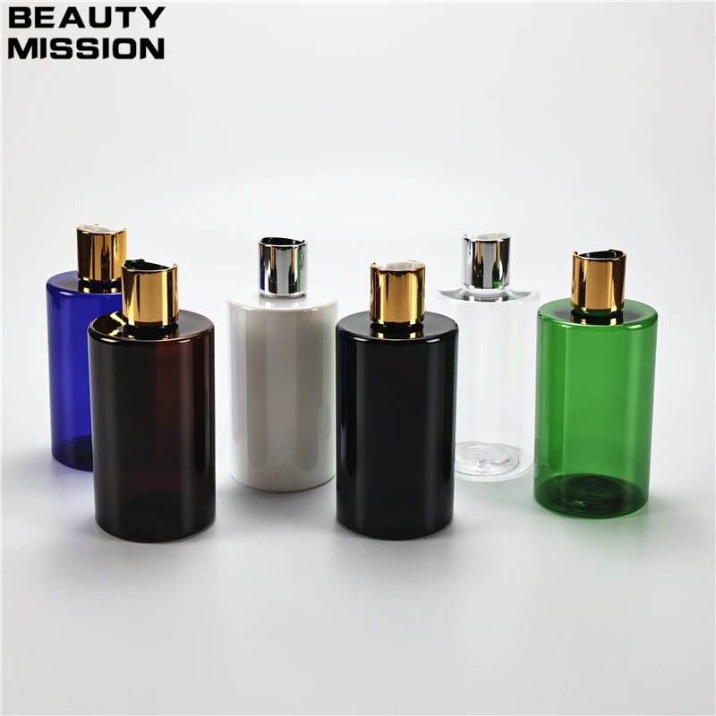 

Chunky 300ML X 20 Plastic Flat Shoulder Bottles With Anodized Aluminum Disc Top Cap Shower Gel Lotion Travel Size PET Containers