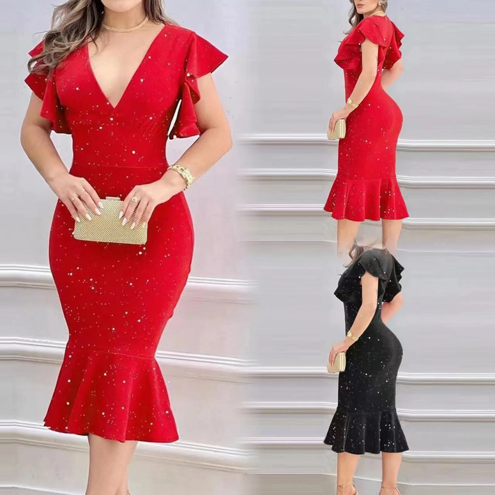 

Women's Sexy Slim Tight V Neck Package Hip Dress Fashion Shiny Ruffles Party Dresses Vintage Temperament Evening Party Dresses