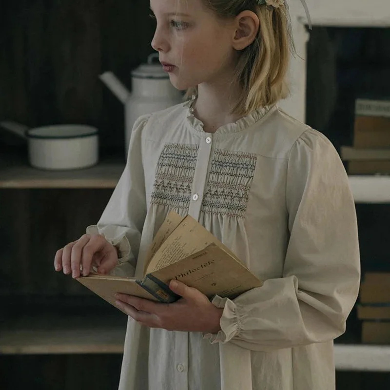 Girl Print Dress LOU's New Elegant and Stylish Olive Lace Long-sleeved Children's Dress for The 2025 Autumn/winter