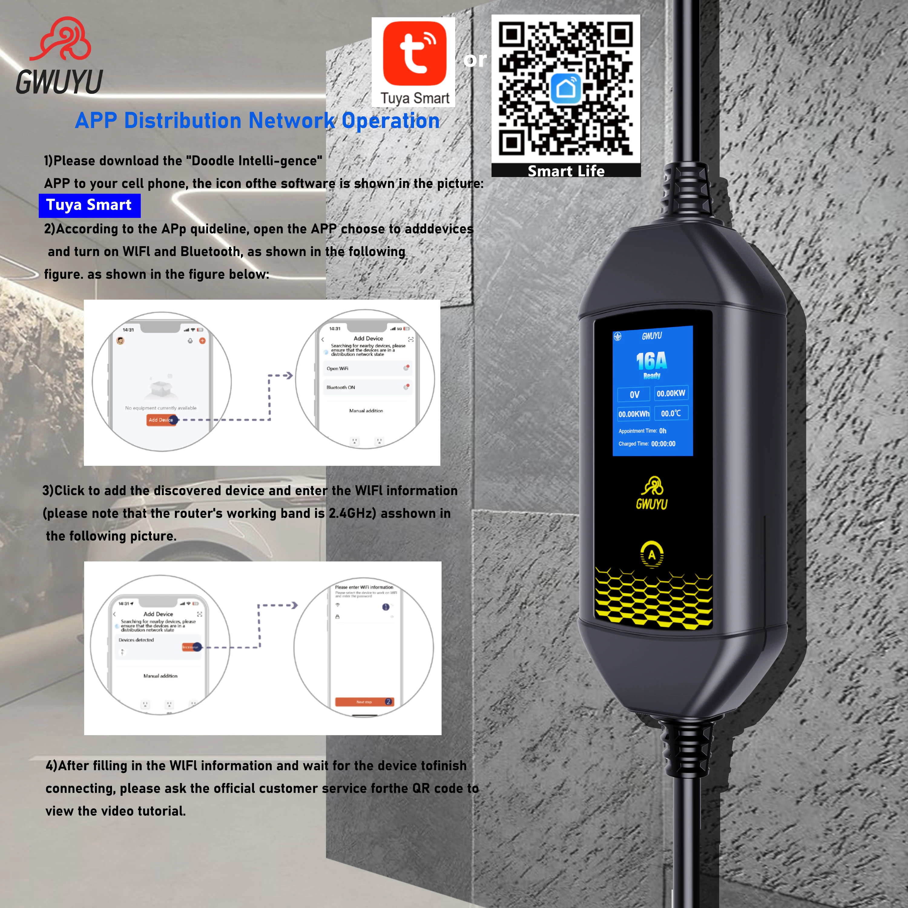 GWUYU 16A 3,5KW Typ2 Europäischer Standard-Stecker Tragbares Elektrofahrzeug-Ladegerät EVSE-Ladestation mit WLAN Bluetooth APP-Steuerung – Detail 5