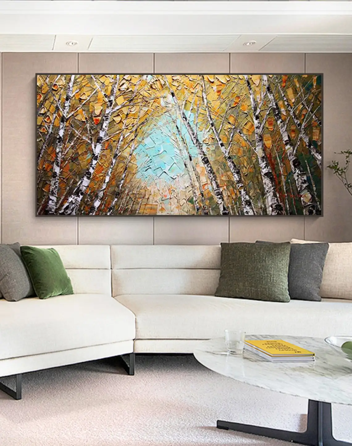 

Abstract Birch Forest Oil Painting on Canvas Textured Yellow Birch Trees Landscape Acrylic Painting Living Room Wall Art Decor