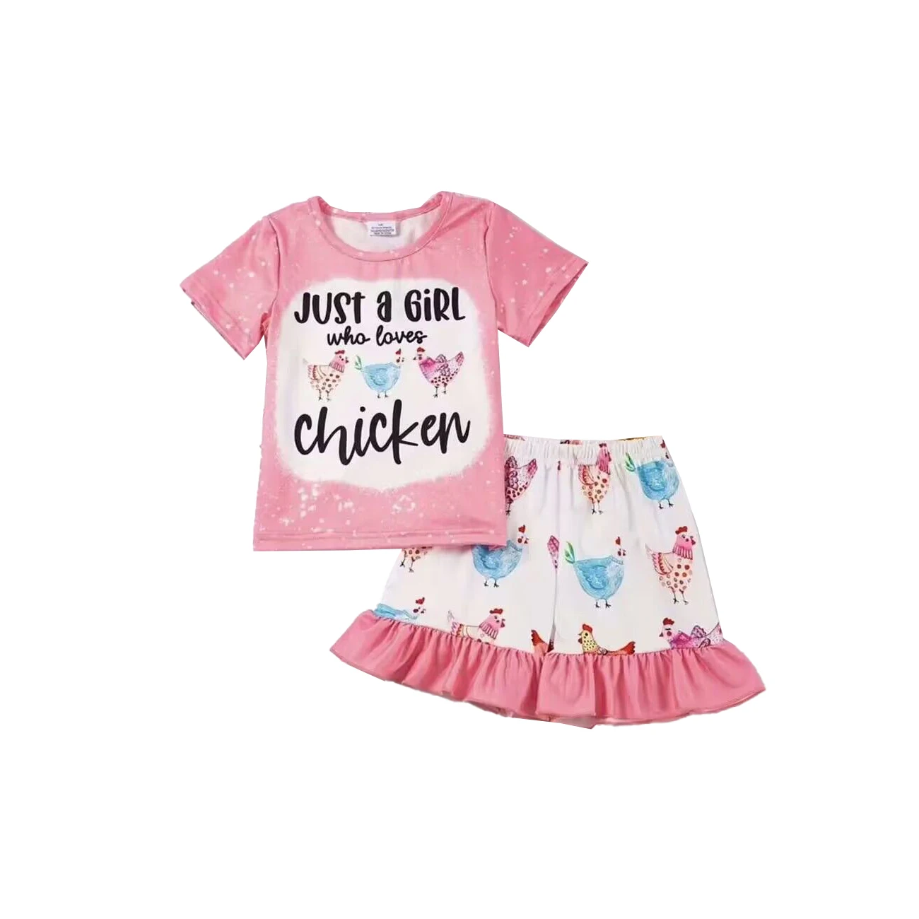 Girls boutique farm chicken clothing summer Pink t-shirt chicken print shorts sets