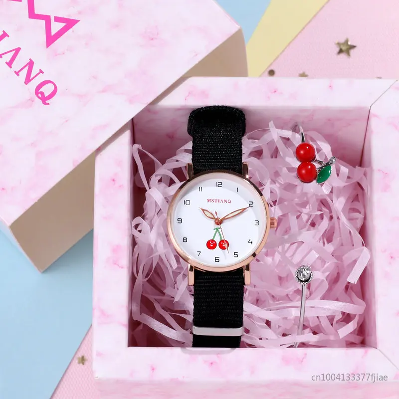 Girls Watch Cute Pretty Princess Style Children Watches Kids Student Canvas Quartz Lovely Cherry Wristwatches Clock Relogios