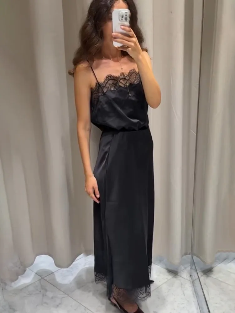 

HH женский новый атласный текстурный черный костюм с открытой спиной и кружевным украшением без рукавов с v-образным вырезом, короткий топ на бретельках + летняя элегантная юбка миди