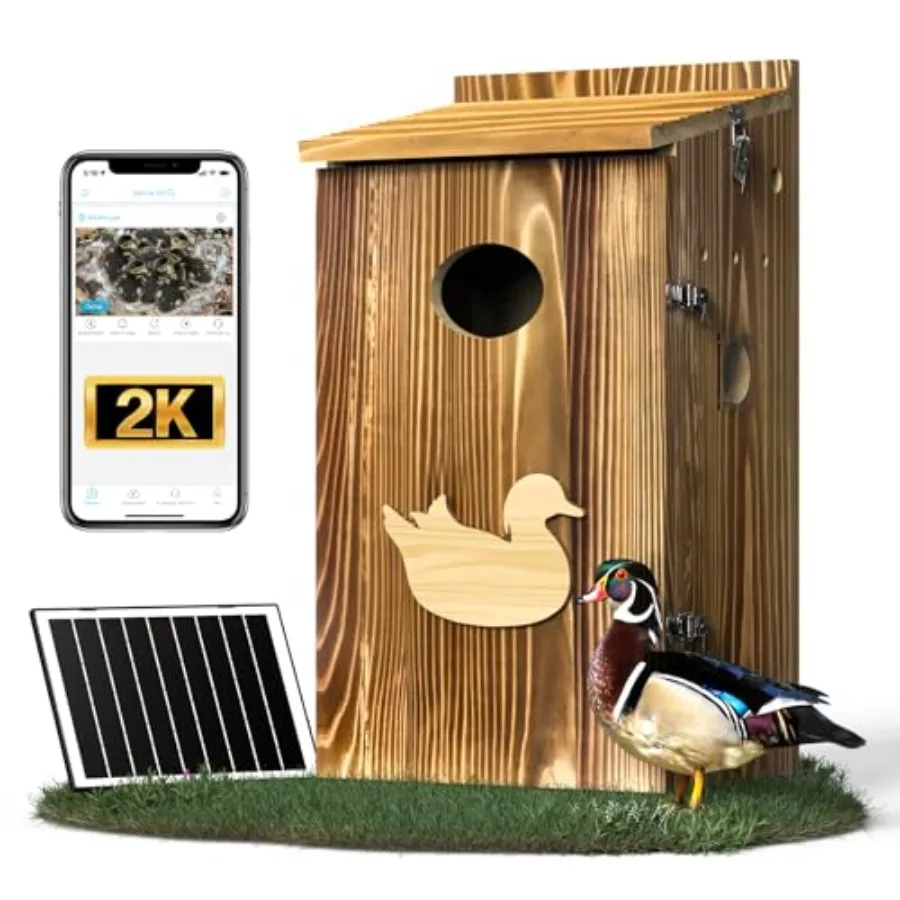 

Wood Duck House with Camera: Solar-Powered 4G Cellular, Anti-Corrosion Varnish Cedarwood, Ready-to-Install Nesting Box for Pond