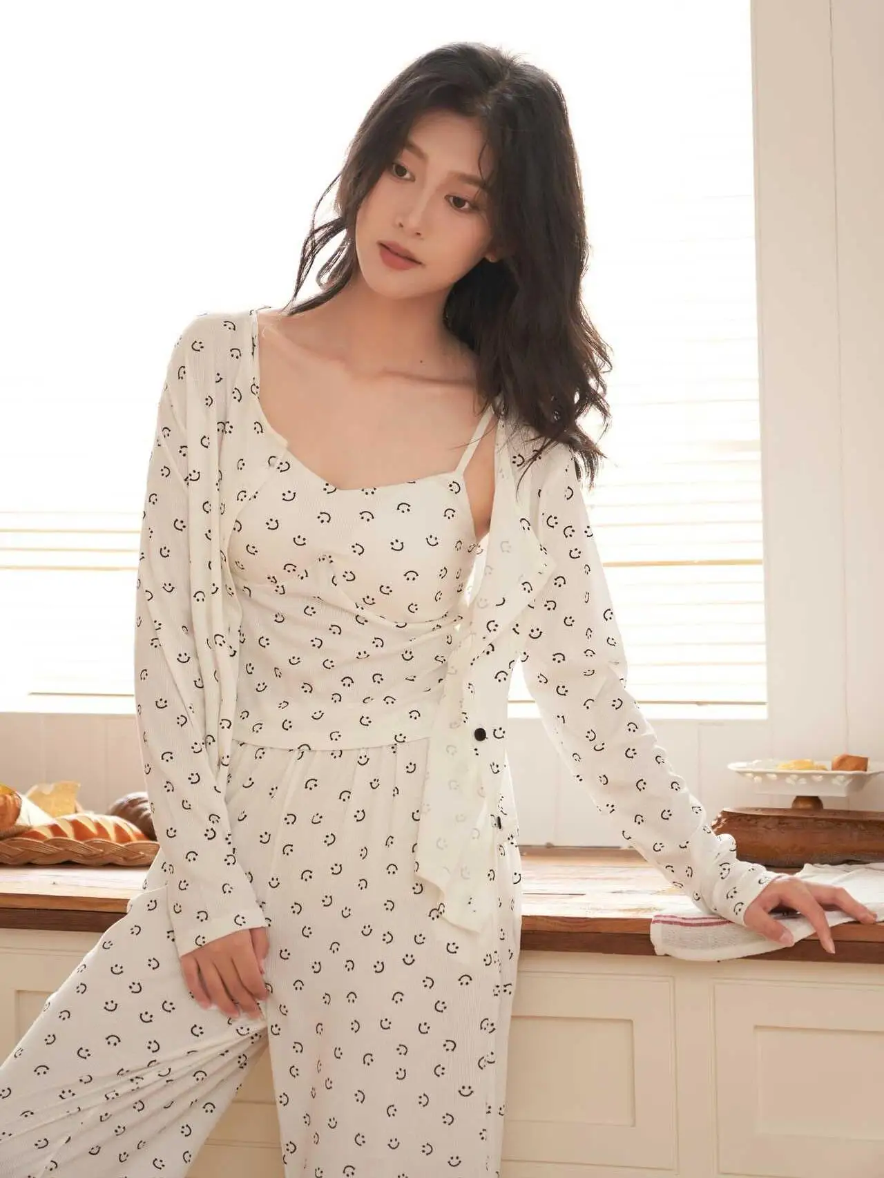 pure-desire-sle-women's-spwear-set-with-chest-pad-smiling-face-strap-cardigan-home-clothes-tee-piece-outfit