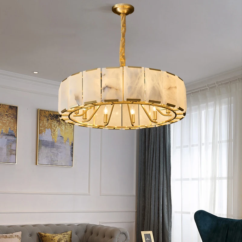 

Natural Spanish Marble Pendant Light Luxury Villa Living Room Dining Room Simple Modern Luxury All Copper Lighting Fixtures E14