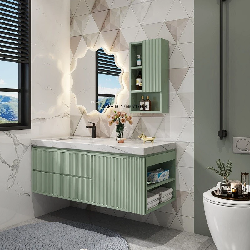 

2022 Spring Modern Solid Wood Bathroom Cabinet Green Bathroom Vanity with LED Mirror Cabinets and Open Shelves for Toilet Paper