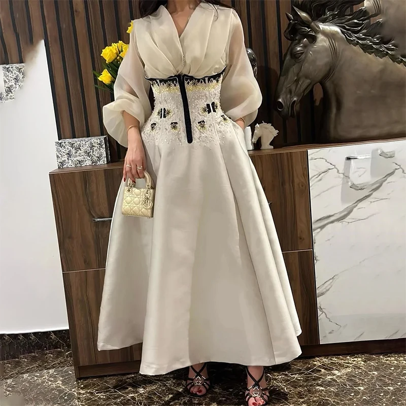 

Customized Dubai Ivory V-Neck Evening Dresses A-line Beaded applique Luxury Long Sleeve Party Prom Dresses 2025