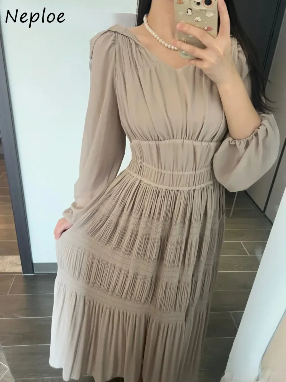 Neploe Gentle O Neck Lantern Sleeve Chiffon Mujer Feminine Elegant Slim Waist Luxury Robe Japan Lace Up Backless Ruched Dress