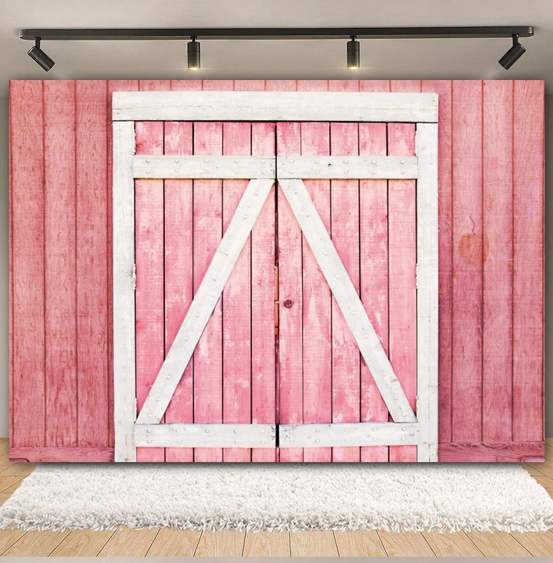 Western Barn Wood Door Backdrop Vintage Pink Red Wooden Farmhouse Baby Shower Birthday Party Photography Background Photo Studio