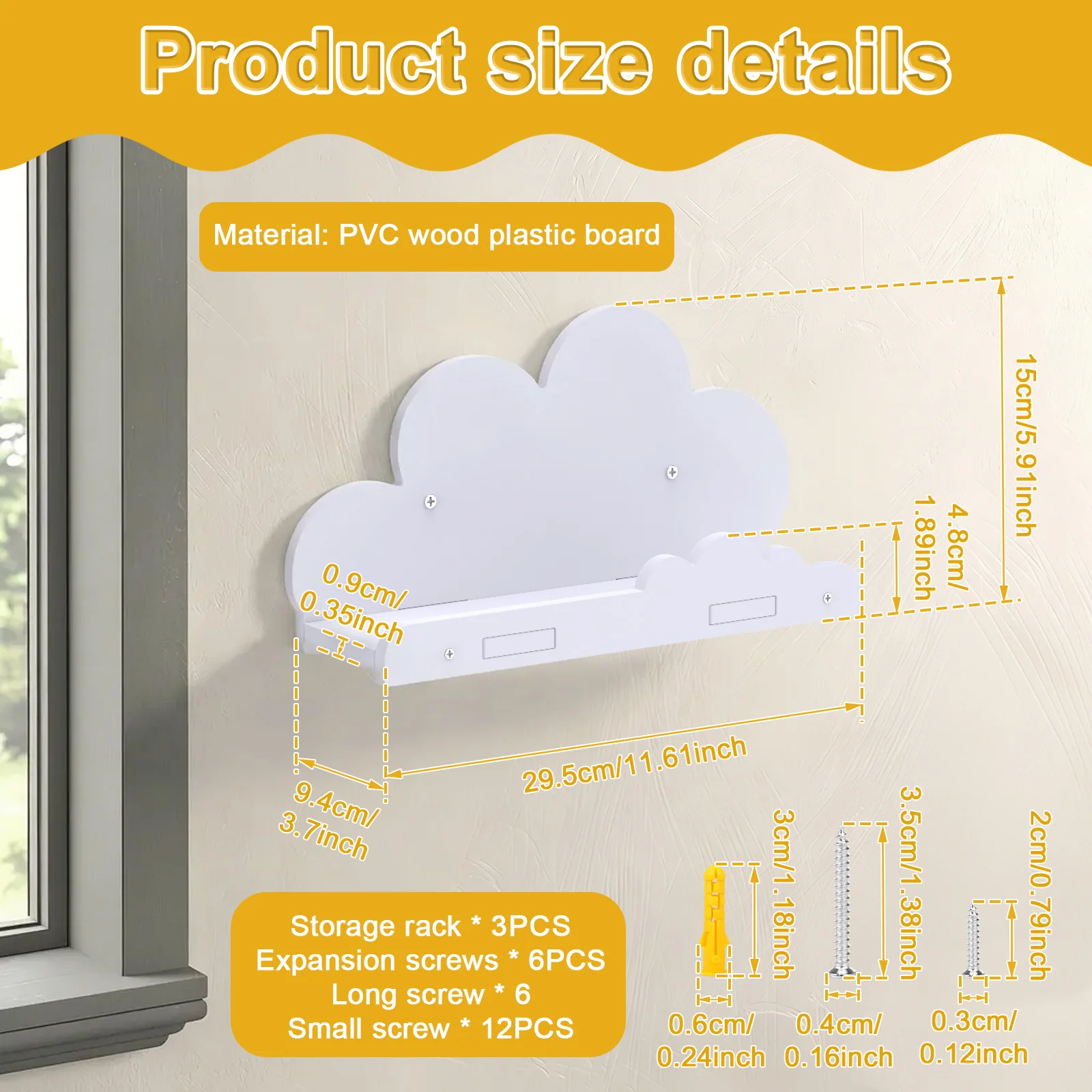 3 Pcs Cloud Shape Floating Shelf Wall Mounted Storage Shelf Wooden Toys Books Organizer Racks with Screw for Living Room Bedroom