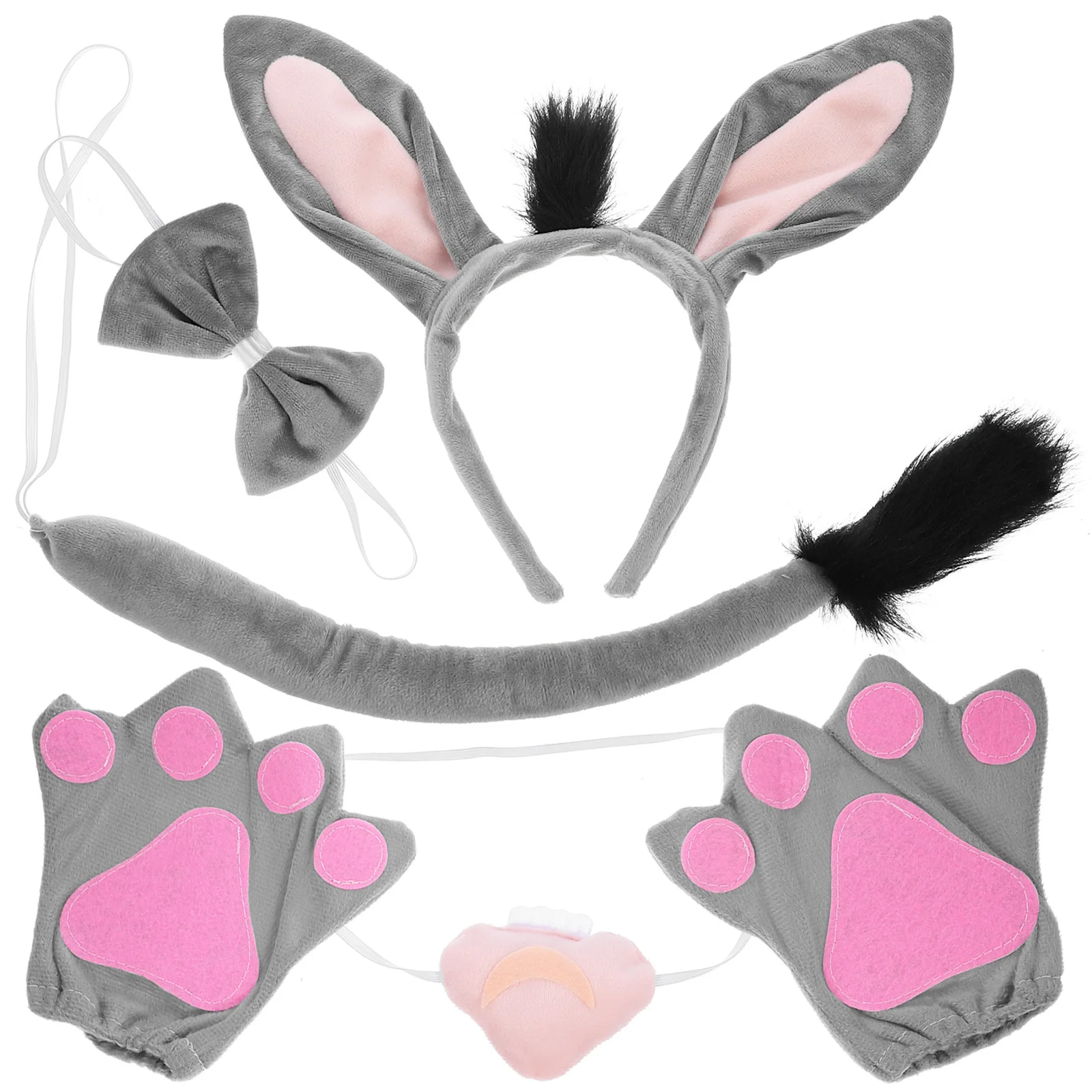 1 conjunto de fantasia de burro com orelha de animal, tecido macio cinza, conjunto de cosplay, cauda, performance de palco, acessórios para cabelo