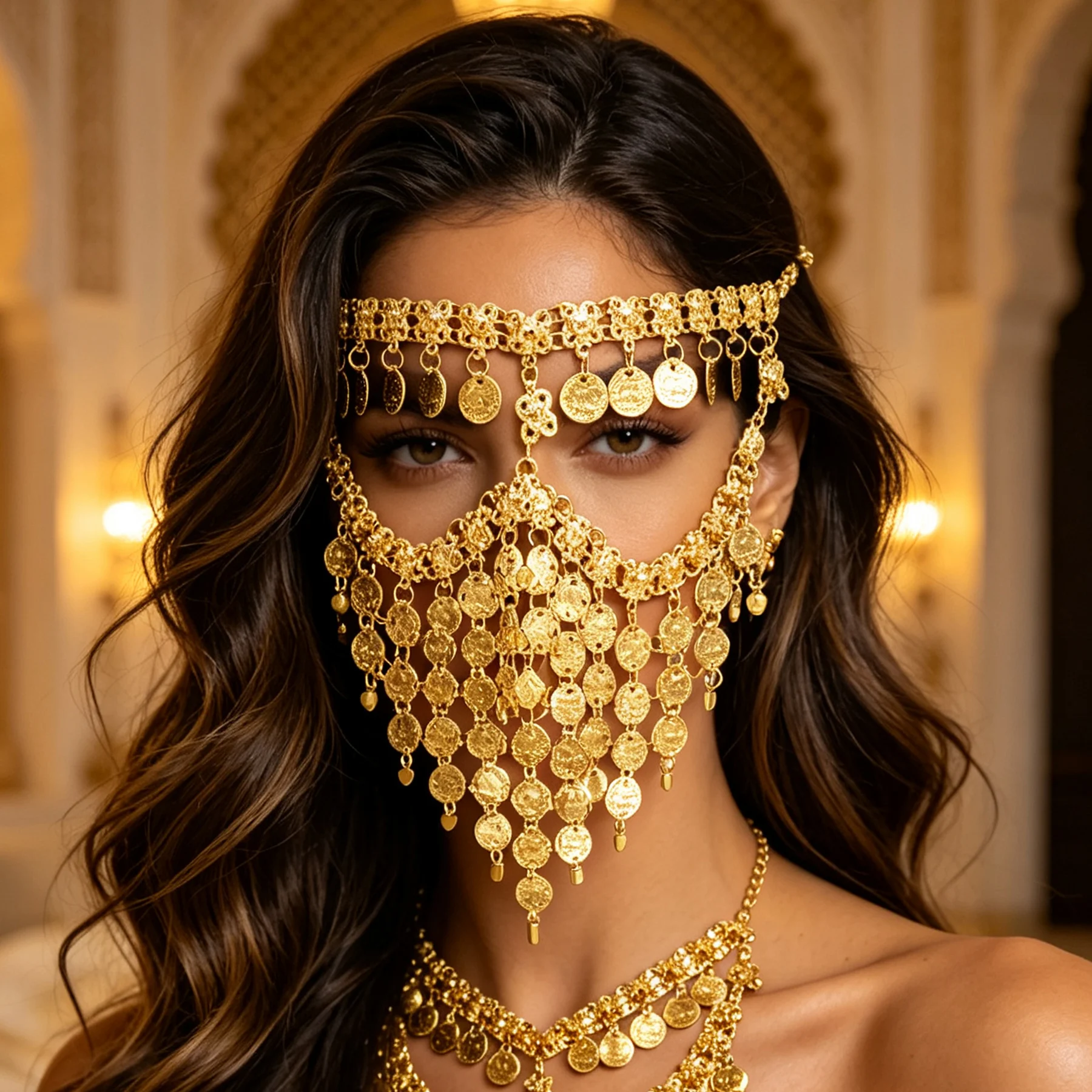 Gold Plated Alloy Carved Coins Chain Bells Tassels Veil Facial Jewelry For Women Party Mysterious Performance Dance Accessories