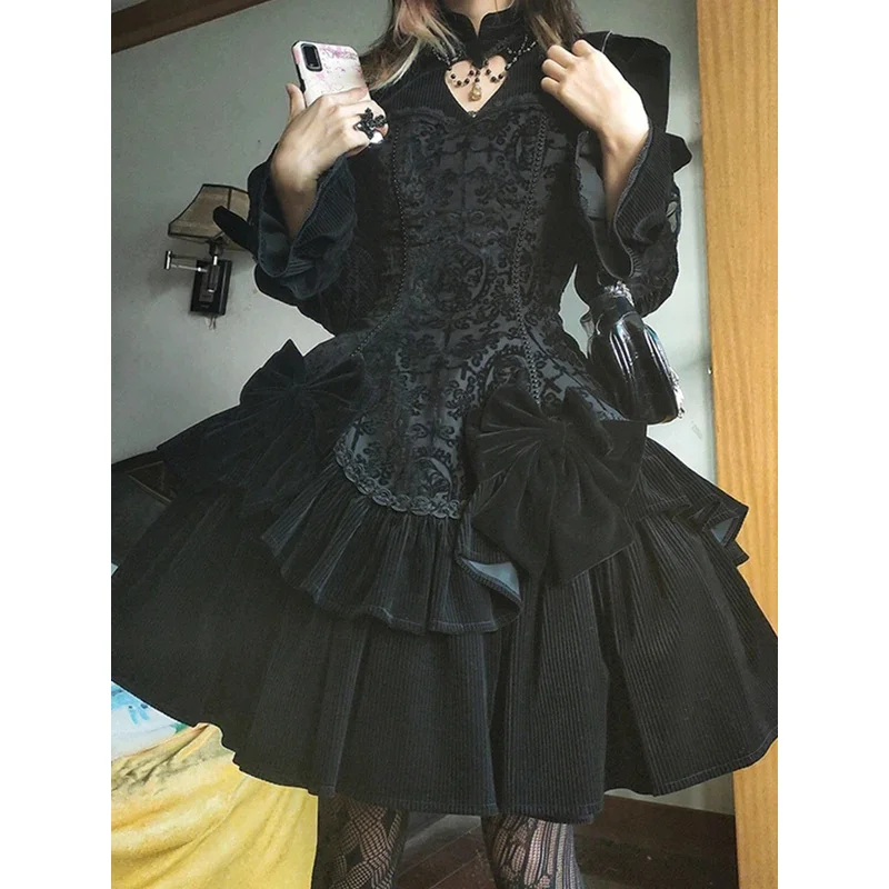 Vestido de Lolita gótico de manga comprida feminino, Jacquard clássico, Escuro, Outono, Inverno, 2023