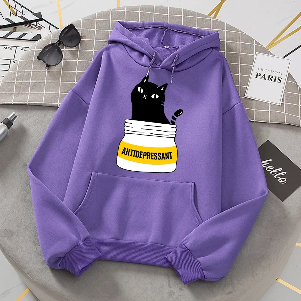 

Novelty Black Cat Eat Antidepressant Cute Print Hooded Women Autumn Fashion Hoodies Simple Casual Hoodie Street Loose Streetwear