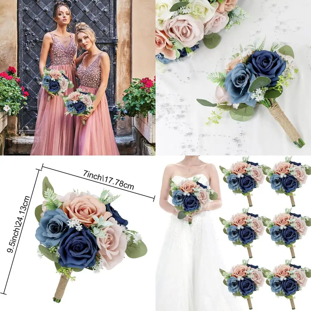 

6-Piece Navy & Dusty Artificial Bridesmaid Flower Bouquets, 7 for Weddings, Anniversaries & Centerpieces