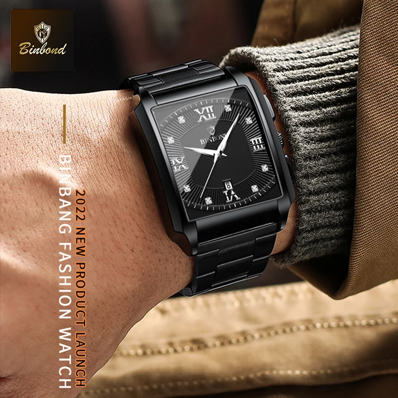 BINBOND Top Luxury Square Fashion Men Watches Square Quartz Stainless Steel Waterproof Sport Automatic Date Business Men Watches