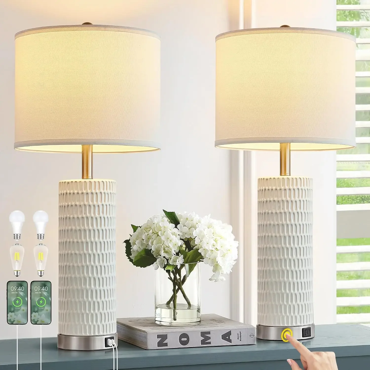 26.5" Ceramic Table Lamp Set of 2, 3-Way Dimmable Touch Control with USB Charging, Modern Nightstand Lamps for Bedroom Living Room, Bulbs Included