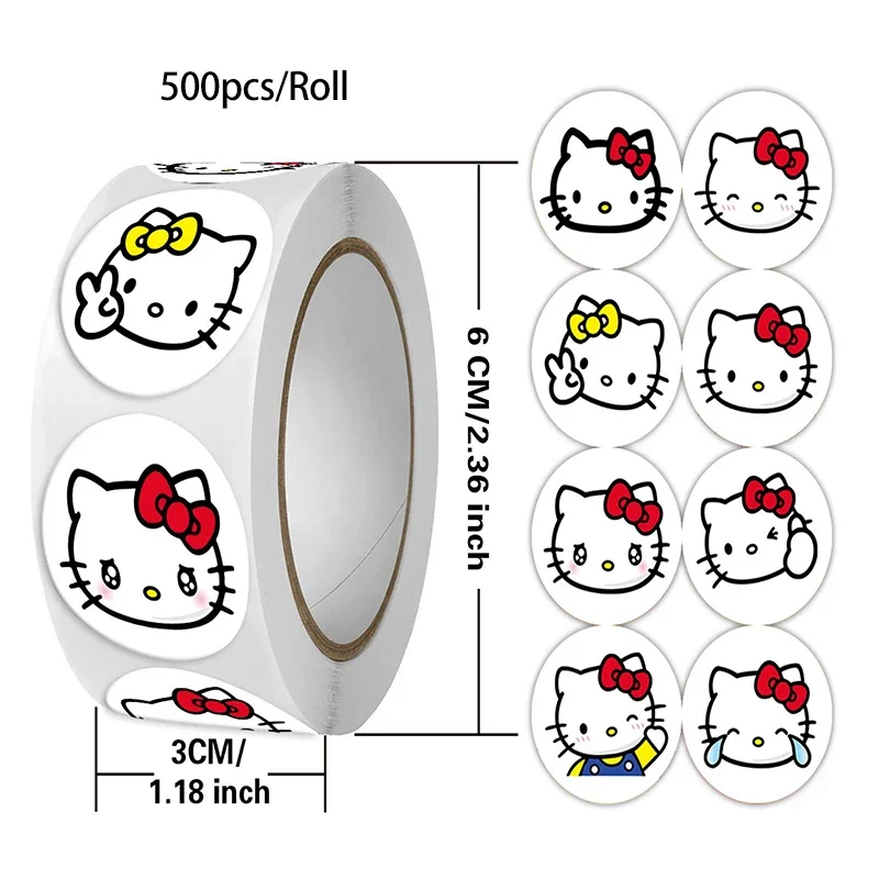 500pcs/Roll Sanrio Hellokitty Kawaii Cartoon Stickers DIY Creative Handbook Decor Roll Stickers for Kids' Favorite Gifts