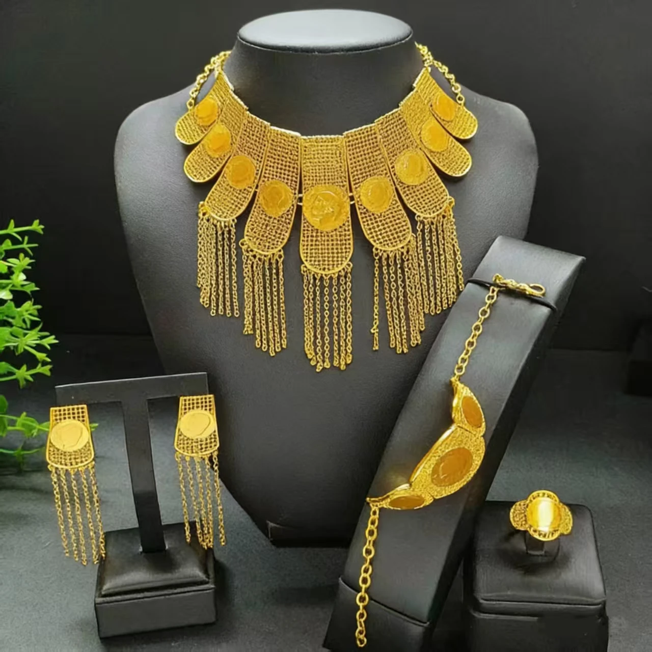 

Ethiopian 24k Gold Color Tassel Coin Charm Jewelry Sets for Women Indian Dubai African Necklace Set Arab Party Gifts