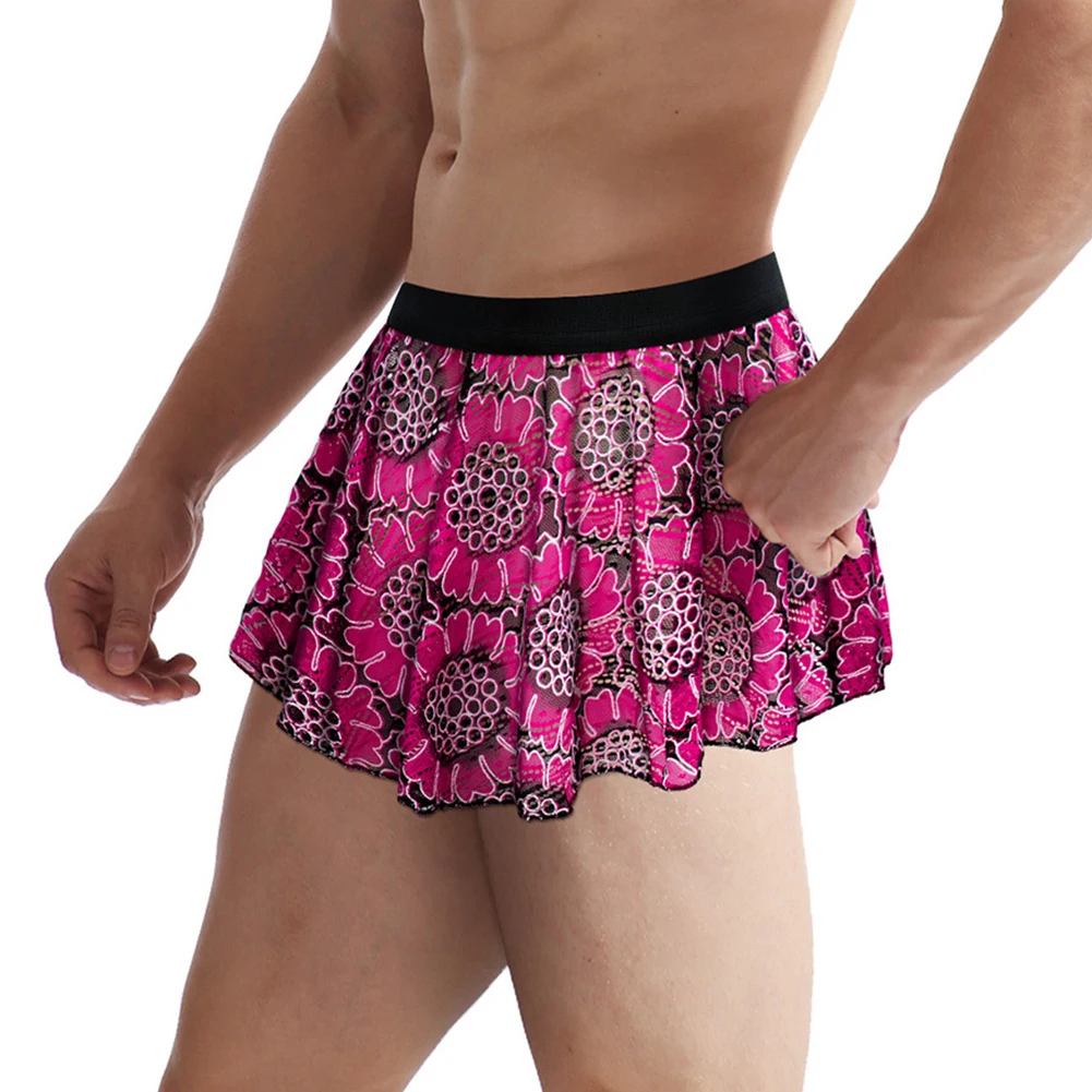 New Sexy Men Sissy Printed Lace Wrapped Pleated Lingerie Skirt Clubwear Panties Underwear Underpants Briefs Men\'s Short Skirt