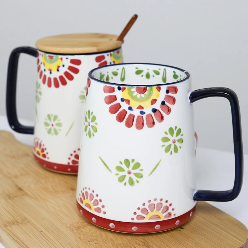 700ml Retro Hand-painted Flower Ceramic Mug，large Capacity Cup Garden Style Coffee Cup，Home Office Water Cup with Lid Drinkware