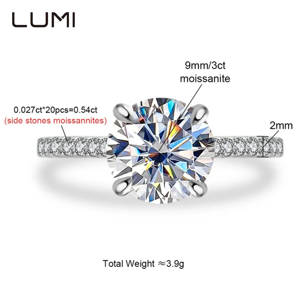 

LUMI 9mm 3ct VVS1Moissanite S925 Silver Ring for Party Anniversary Birthday Present Engagement Jewelry 4 Claws Bands