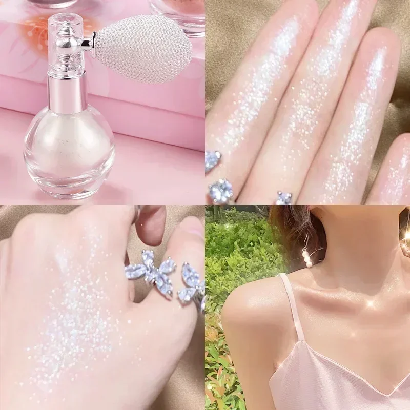 4 Colors Highlighter Powder Spray Shimmer Sparkle Powder Makeup for Face Body Pearlescent Brighten White Body High Gloss Glitter