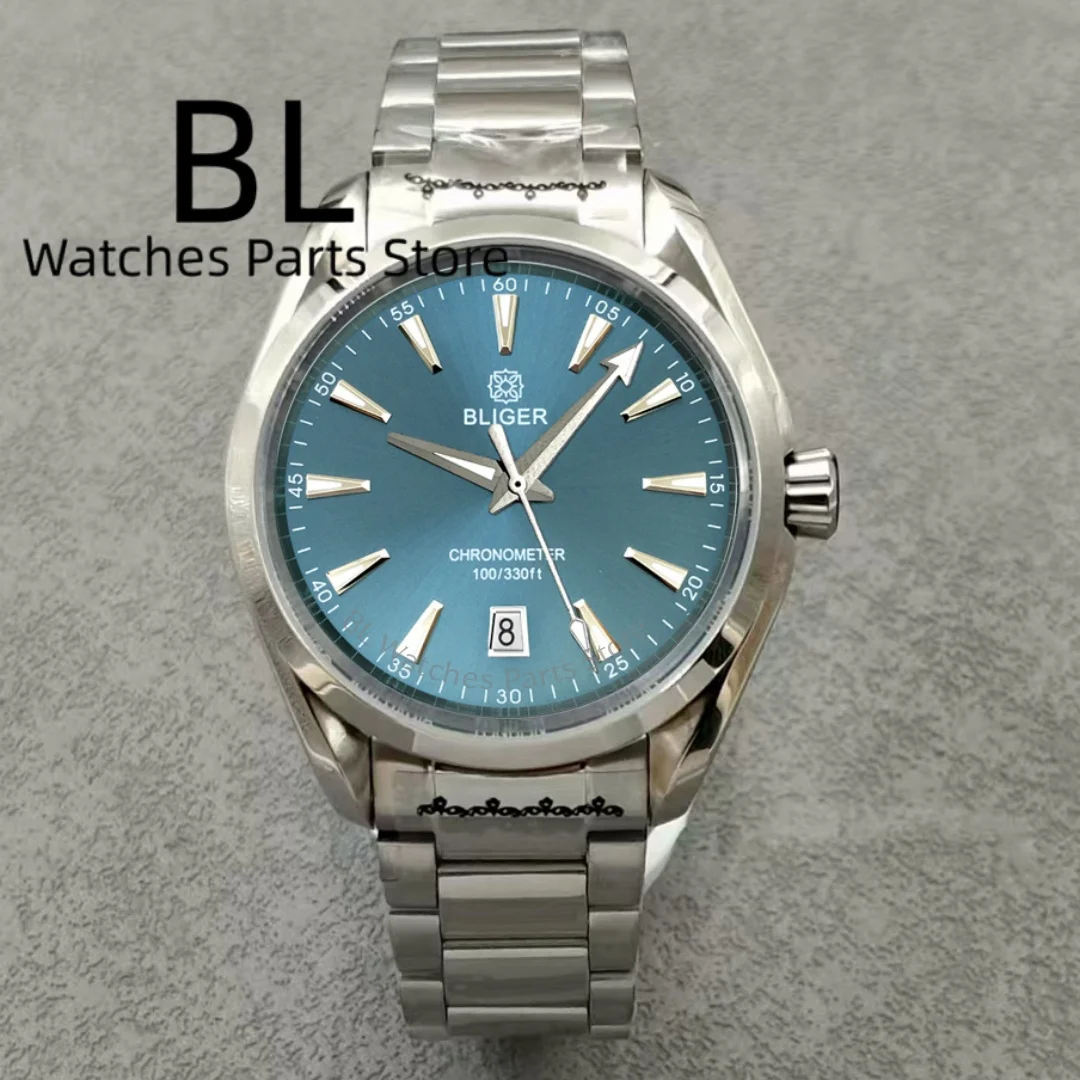 BLIGER 40mm Pomarańczowa Tarcza Sunburst AT150 NH35 Automatyczny Zegarek Męski Datownik na Godzinie 6 Szkło Szafirowe Polerowana Stal Nierdzewna Wodoodporny