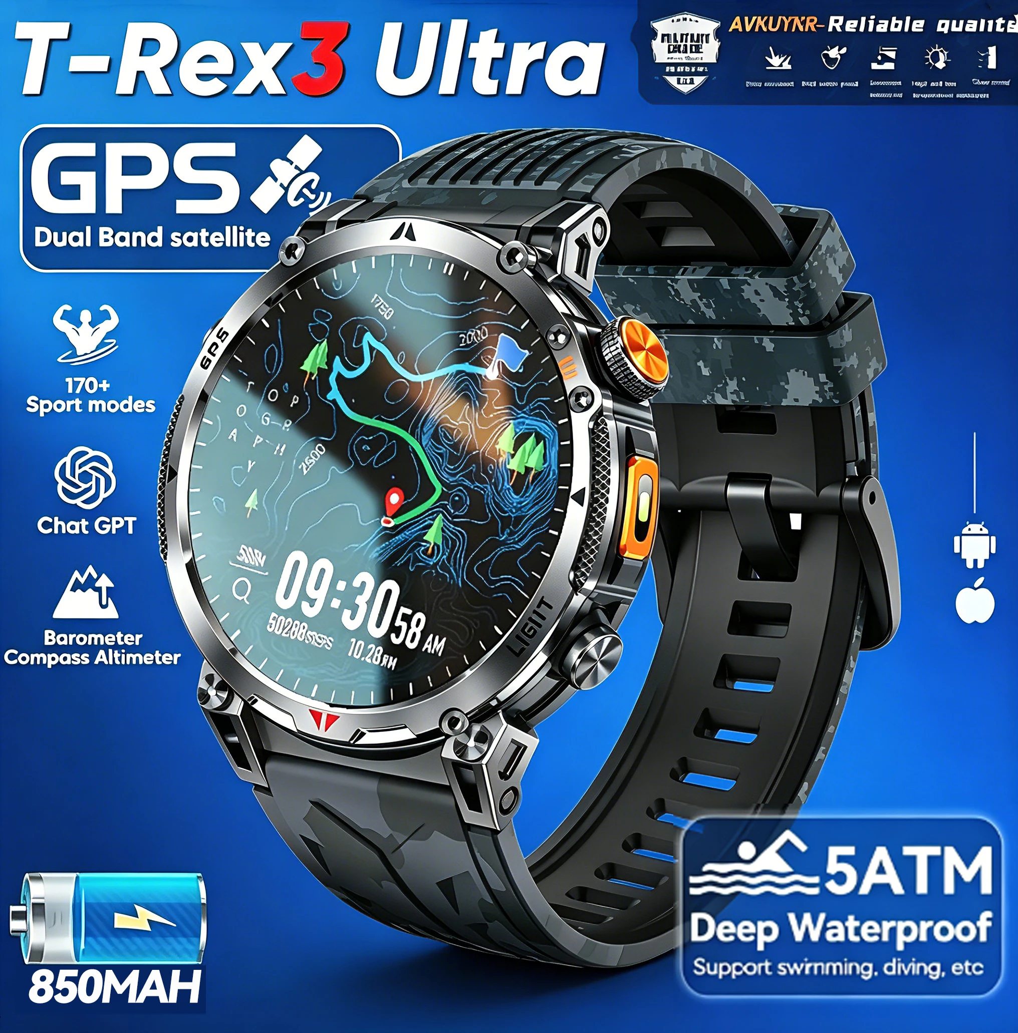 

2026New Military T-Rex3 Ultra GPS SmartWatch Built in GPS Compass Altimeter Barometer 5ATM Waterproof 650mAh Sports Bracelet Men