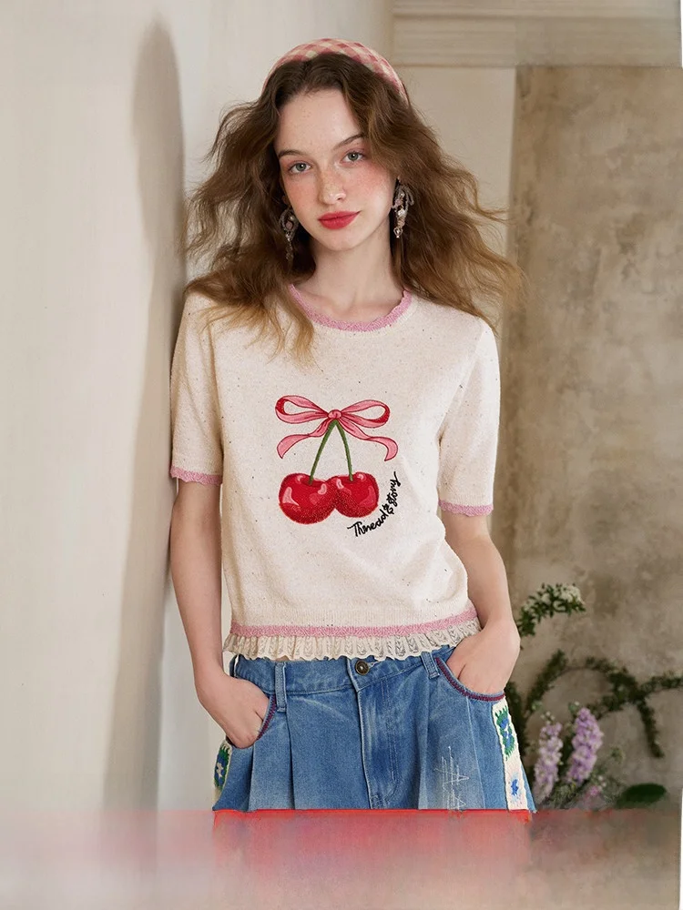 

Sweet Cherry Pattern Knitted ort Sve Lace Princ Sle Women's Top Tee Two Things Summer New Arrival 2026