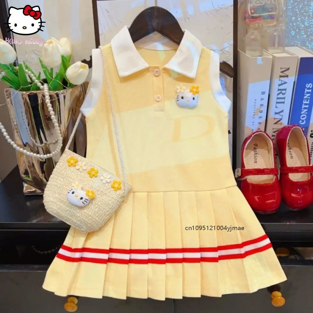 

Новые летние платья Kawaii Sanrios Hello Kittys Girl, кавайный комплект с короткой юбкой без рукавов с героями мультфильмов, детская одежда, детский костюм с сумкой