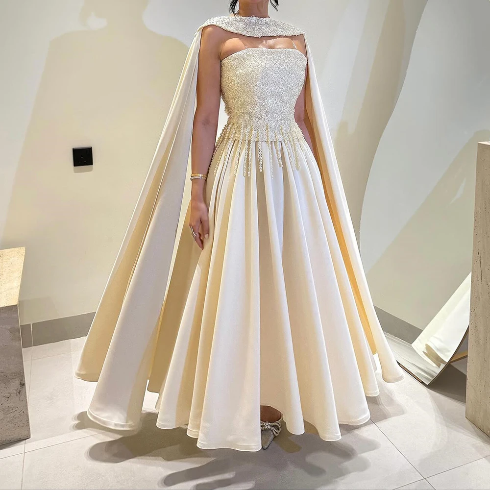 

Customized A-line Evening Dresses Ankle-length Strapless Sleeveless Prom Gown Fashion Sequined Beading Stole Draped Party Gown