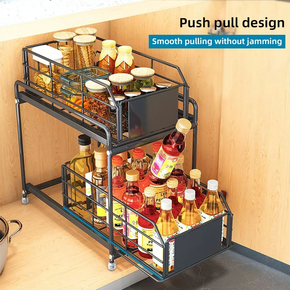 Sliding Drawer Under Sink Organizer Kitchen 2 Layer Multipurpose Rack Cabinet Under Sink Storage Rack Bathroom Kitchen Organizer