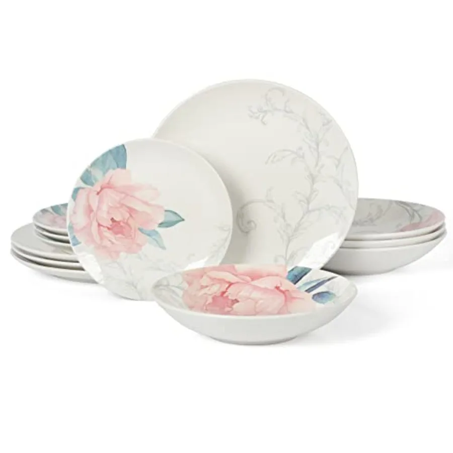

12 Pcs Porcelain Floral Chip and Scratch Resistant Dinnerware Set