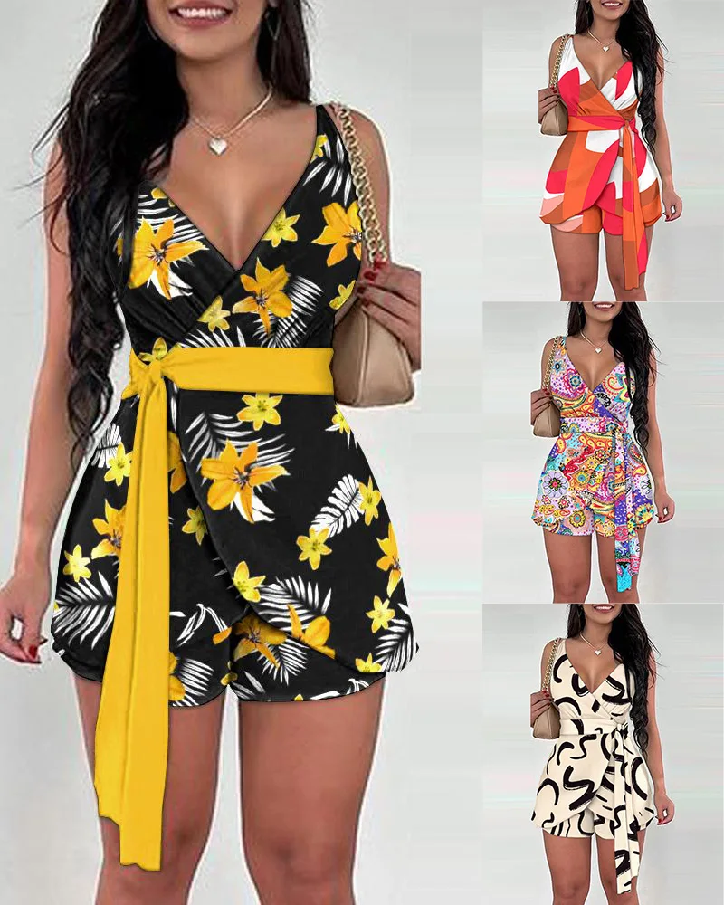 

Women's Elegant 2024 Summer Casual Print Overlap V-neck Sleeveless Tie Details Belt Waist Shirt Tops and High Waist Shorts Set