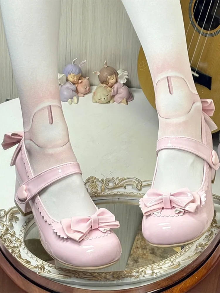 Kawaii Sweet Women High Heels Pumps Heart Buckle Cute Lolita Mary Jane Shoes Patent Leather Bow High Block Heel Cosplay Shoes