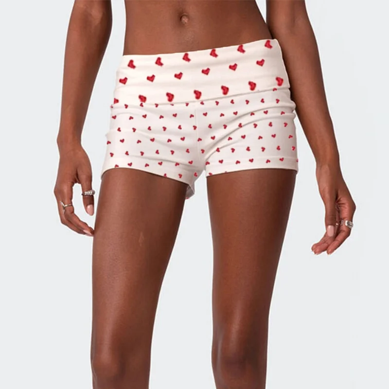 Lindo corazón estampado plegable sobre micropantalones cortos para mujer tiro bajo botín pantalones cortos Y2K pijama Pj Sleep Mini pantalones cortos